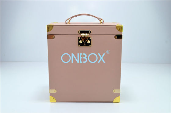 Luxury PU Jewelry Case In Pink For Travel With Gold Metal Lock , Customized Insert