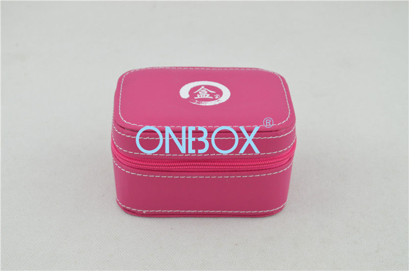 Pink Leather Zipper Luxury Cosmetic Box / Jewelry Pouch And Ring Slot